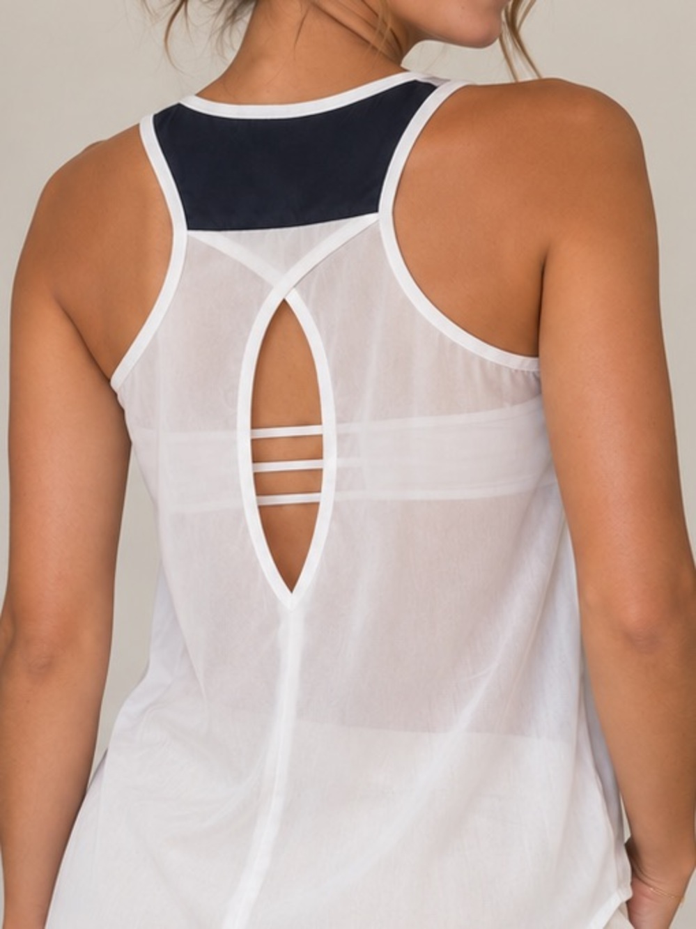 Sheer White Racerback Tank with Navy Accent